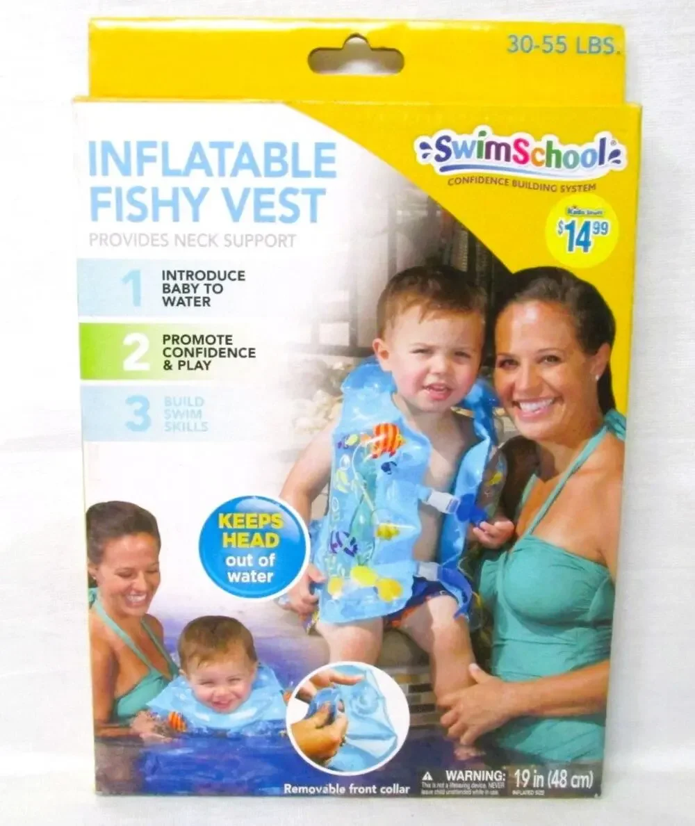 Swim School Kids Inflatable Life Vest Fish Theme, Vinyl, 30–55 lbs. Water Safety